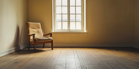 An empty room featuring a wooden floor and a single armchair illuminated by sunlightの素材