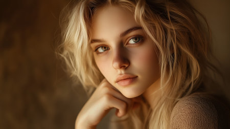 A young woman with blonde hair resting her chin on her hand in a serene settingの素材