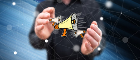 Communication concept between hands of a man in backgroundの写真素材