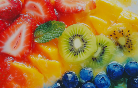A vibrant assortment of fresh fruits including strawberries, kiwi, mango, and blueberriesの素材