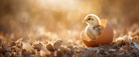 A chick emerging from an eggshell surrounded by soft, golden light and fallen eggshellsの素材