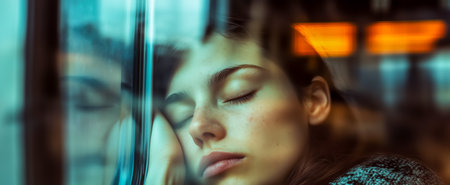 A young woman peacefully asleep against a bus window during her journey, showing tranquilityの素材
