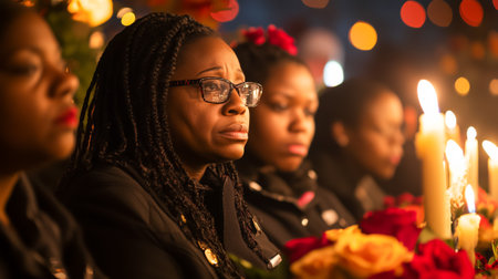 A group of women reflects solemnly while holding candles and flowers in a vigilの素材