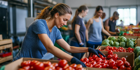 A woman carefully arranges fresh tomatoes at a busy community food pantry with volunteersの素材