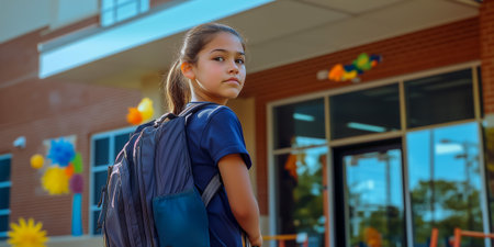 A young girl wearing a backpack glances back at her school buildingの素材