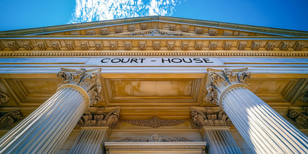 A close-up view of the architectural details of a courthouse building featuring elegant columnsの素材