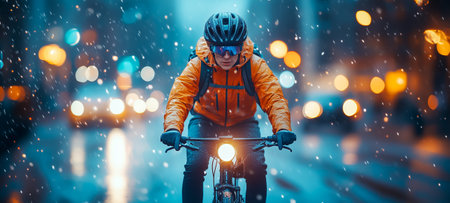 A cyclist in an orange jacket rides through falling snow in a colorful city at nightの素材