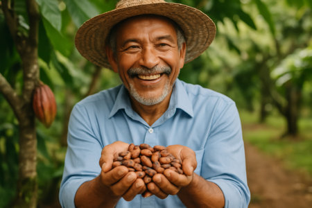 A joyful man smiles widely while holding cocoa beans in a vibrant farm environmentの素材