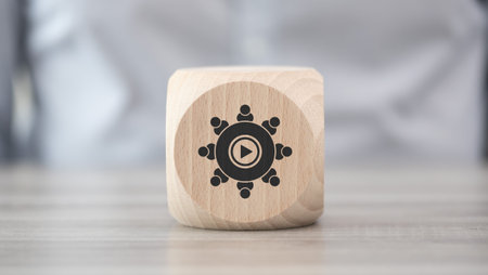 Wooden block with symbol of video conference conceptの写真素材