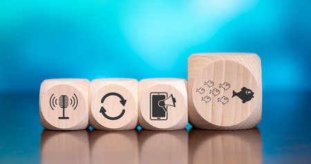 Wooden blocks with symbol of influence concept on blue background
