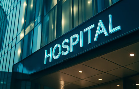 A neon-lit hospital sign prominently displayed on a contemporary building's facade at nightの素材