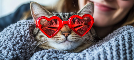 A cat with heart-shaped sunglasses relaxed on a cozy sweater, exuding calmness and charmの素材