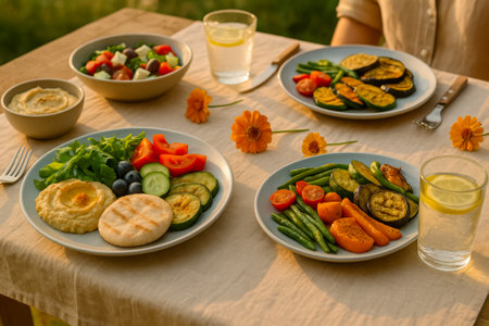 A beautifully arranged healthy meal featuring fresh vegetables, hummus, and a refreshing drink outdoorsの素材
