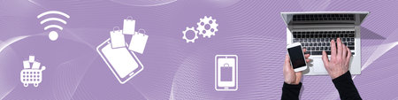 Top view of hands using laptop and mobile phone with symbol of online shopping concept