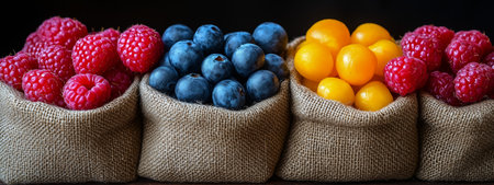 A vibrant display of raspberries, blueberries, and yellow berries in burlap sacksの素材
