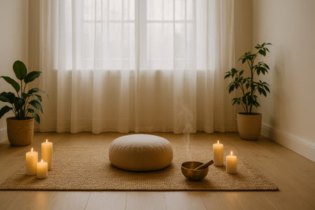 A serene meditation area featuring candles, a cushion, and soothing decor for relaxationの素材