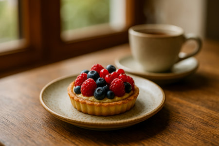 A delicious fruit tart topped with raspberries and blueberries, accompanied by a cup of coffeeの素材