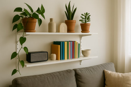 A modern shelf featuring colorful books and potted plants in a cozy living spaceの素材
