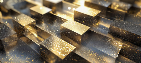An abstract composition of golden blocks with shimmering lights and reflections in a stunning arrangementの素材
