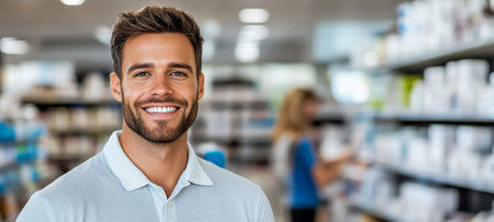 A cheerful young man smiles in a modern pharmacy setting with product shelves in the backgroundの素材