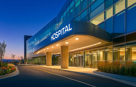 A contemporary hospital entrance featuring glass architecture, lit up beautifully at duskの素材
