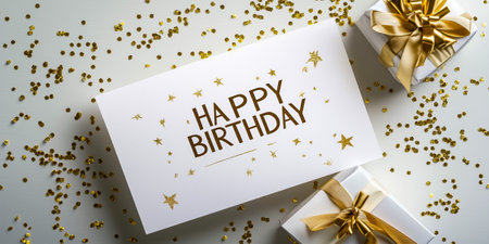 A flat lay of a birthday card and gifts adorned with golden decorations and glitterの素材