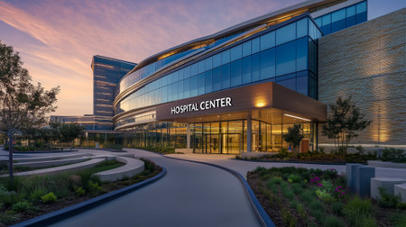 A contemporary hospital center showcasing glass architecture, peaceful pathways, and vibrant landscapingの素材