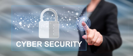 Woman touching a cyber security concept on a touch screen with her finger