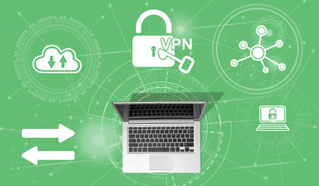 Top view of laptop with symbol of vpn conceptの写真素材