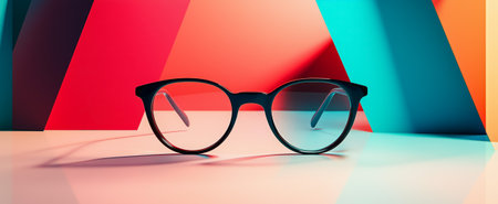 A pair of stylish black glasses on a colorful geometric background in vibrant huesの素材