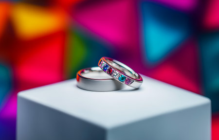 A pair of beautiful wedding rings displayed on a white pedestal with vibrant backgroundの素材