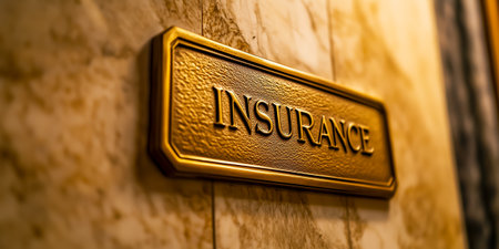 A close-up view of a golden sign labeled insurance mounted on a wallの素材