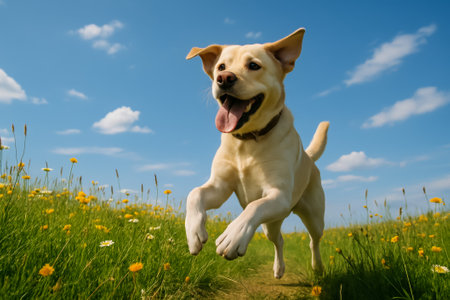 A happy dog joyfully running through a vibrant flower-filled meadow under a blue skyの素材