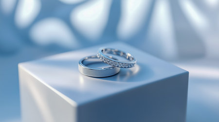 Two elegant wedding rings resting on a minimalist cube, showcasing their unique designsの素材