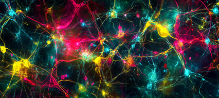An abstract image showing vibrant neural connections and colorful patterns against a dark backgroundの素材