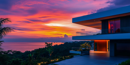 A contemporary home showcases a breathtaking sunset over the ocean with lush greeneryの素材