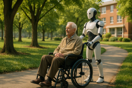 An elderly man enjoys a sunny day in a park with his robotic assistant beside himの素材