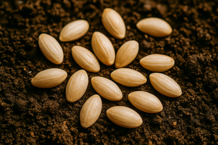 A collection of pale seeds scattered on dark, rich soil, perfect for gardening imageryの素材