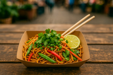 A colorful bowl of stir-fried noodles topped with cilantro and lime on a wooden tableの素材