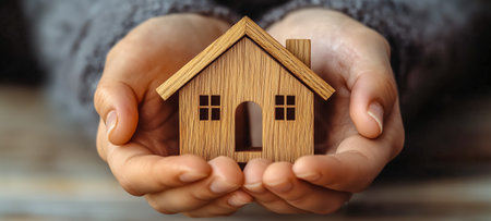 Hands gently hold a wooden house model, symbolizing the concept of home and securityの素材