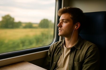 A young man wearing headphones, lost in thought while gazing out the train windowの素材