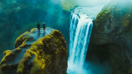 Two individuals stand on a rocky ledge, captivated by a stunning waterfall and natureの素材