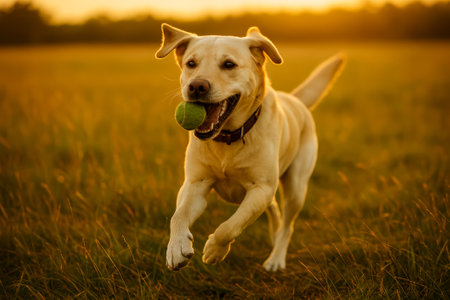 A playful yellow labrador retriever running joyfully with a tennis ball in a fieldの素材