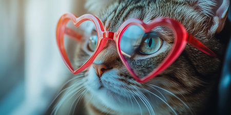 An adorable cat with blue eyes wearing heart-shaped glasses, exuding a cute and thoughtful vibeの素材