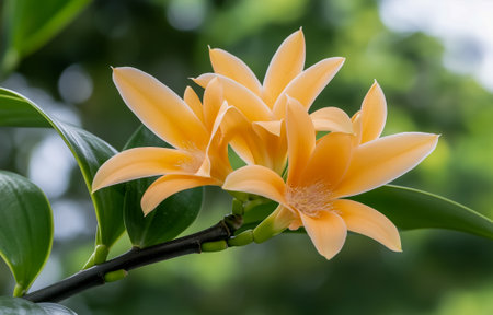 A cluster of vibrant orange flowers with green leaves in a natural settingの素材
