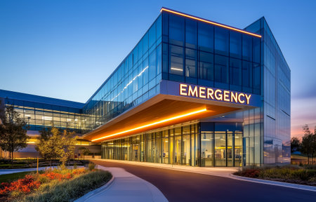 A contemporary emergency department building illuminated at dusk, showcasing modern architecture and designの素材