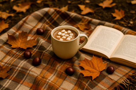 A warm cup of hot chocolate with marshmallows on a plaid blanket surrounded by autumn leavesの素材