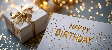 A beautifully wrapped birthday gift accompanied by a card and golden confetti on a tableの素材