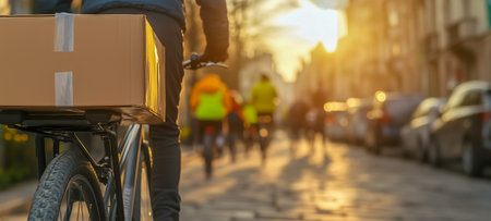 A delivery cyclist rides with a cardboard box in a vibrant city at sunsetの素材