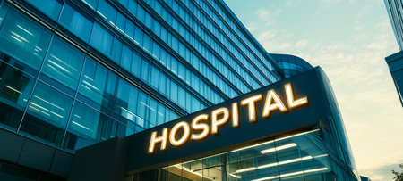 A contemporary hospital building featuring a large illuminated sign against a twilight skyの素材